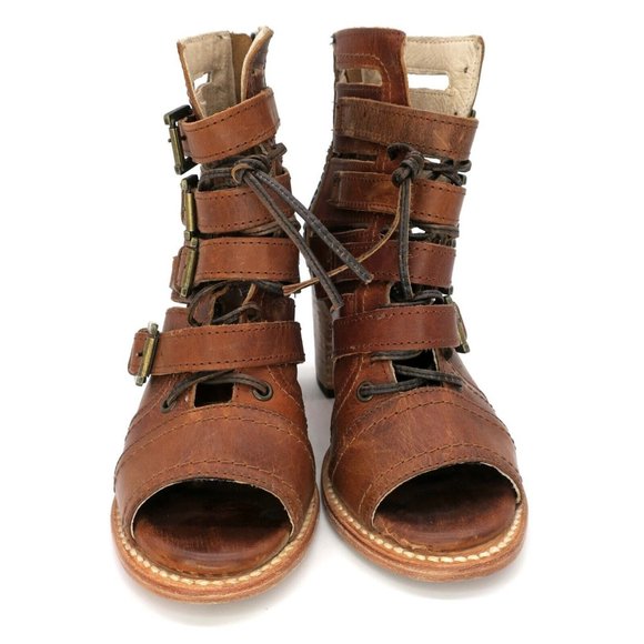 Freebird Sandals Brown Cognac Braeden Leather Peep Toe Buckle Tie Women's 7M - Picture 3 of 7